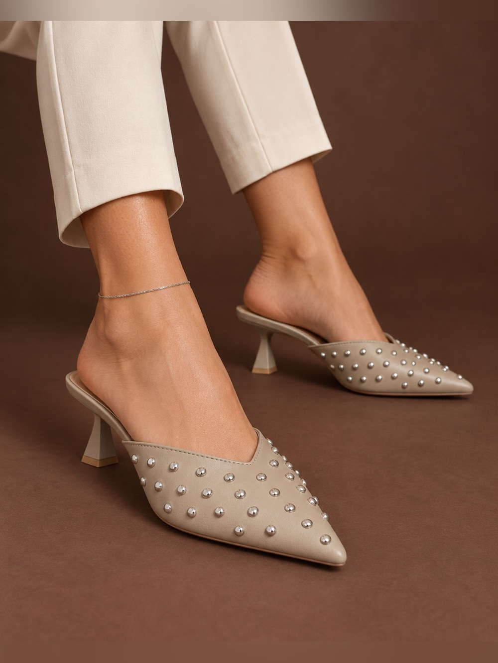 NWT Jason Wu Taupe Studded Pointed Toe Mule Heels Size 8